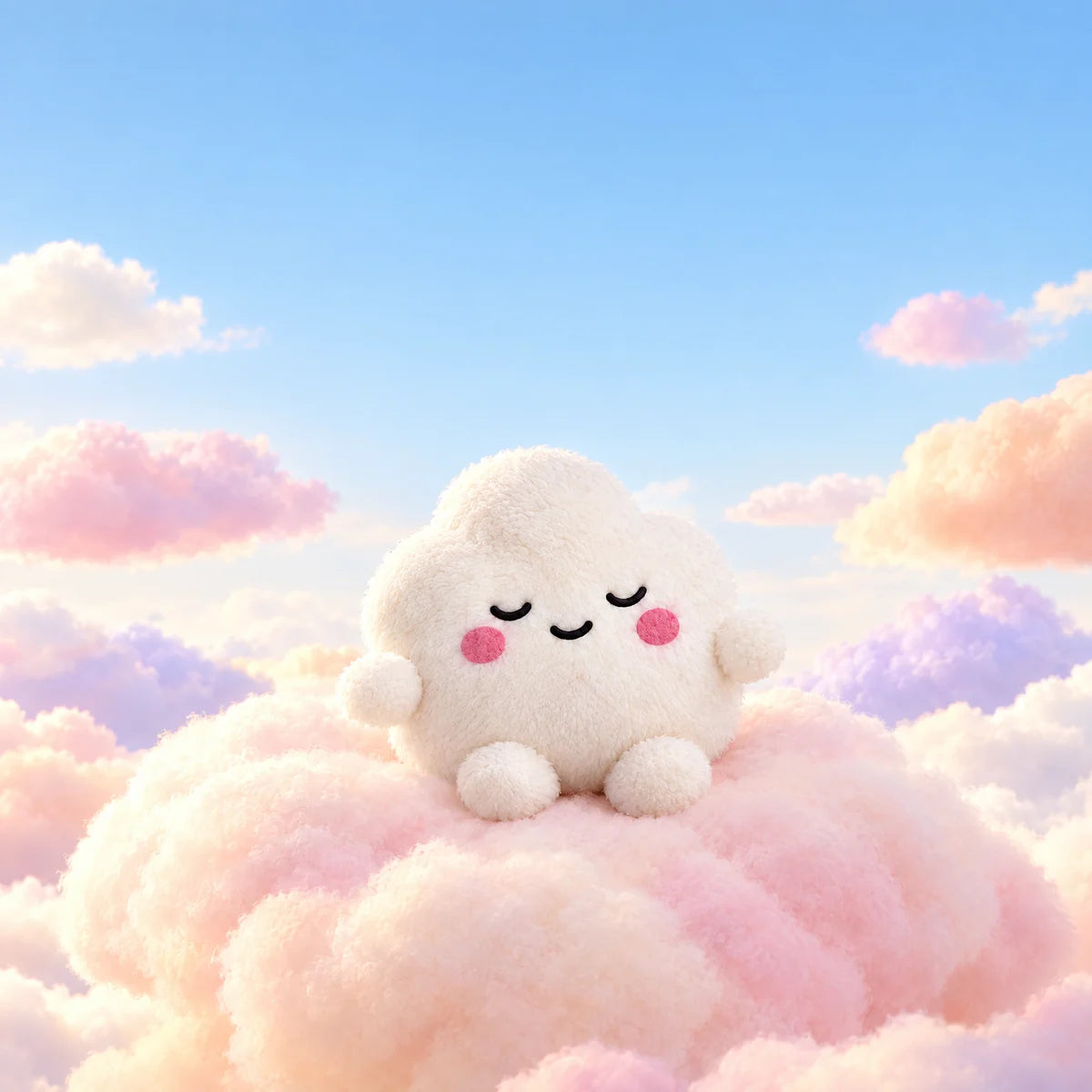 La mascotte Whoosh, un petit nuage en feutrine, assise sur des nuages roses